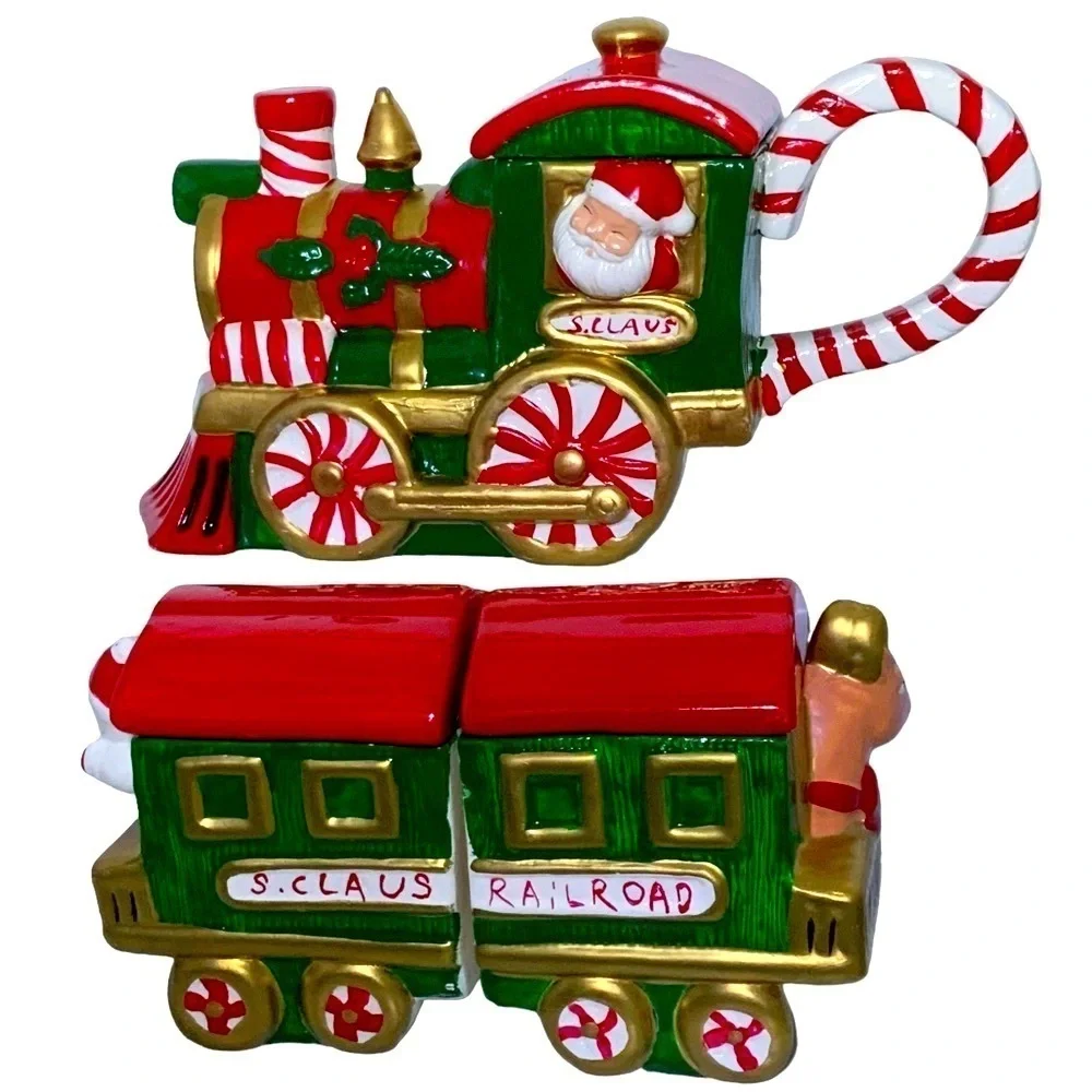 Vintage TeaPot Set Santa Train with Nesting Creamer Sugar Bowl 3 PC Ceramic 1994
